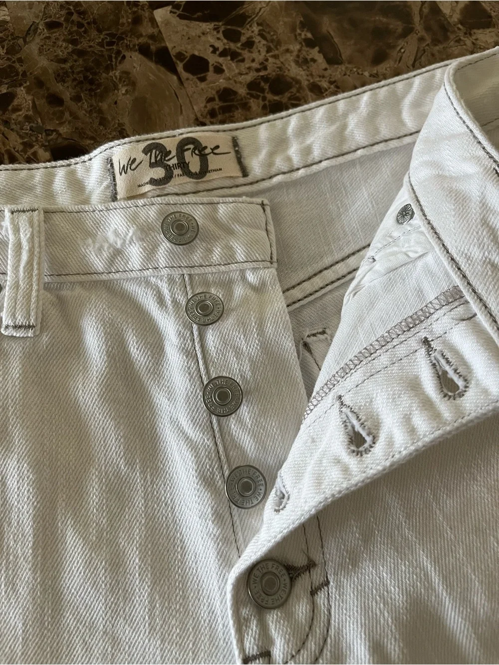 Free People White Distressed Cuffed Mid-Rise Button-Fly Denim Shorts